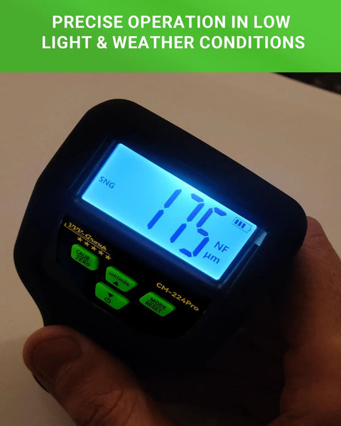 Automotive Paint Thickness Gauge For Car Panels, High Resolution Coating Meter From 0 To 59.1 Mils Or 1500 Micrometers, 0.01 Mil Resolution To 0.1 Micrometers, Fe NFe Zn Auto Detection, Auto Calibration, Ideal For Door Hood Roof And Body Panels, handheld display showing 175 µm