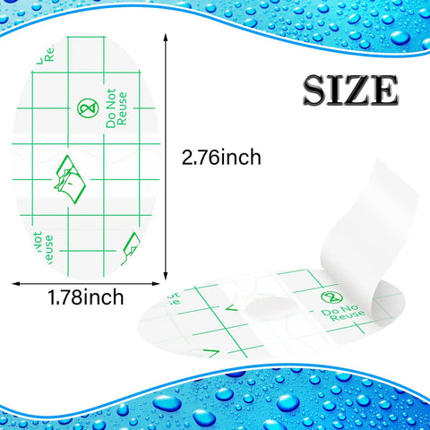 60 Pack Baby Ear Covers For Bath And Water Activities Waterproof Ear Plugs showing size dimensions on a blue water-themed background.