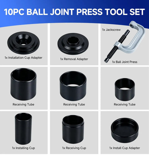10 Piece Ball Joint Press Kit And Heavy Duty Removal Tool For Easy Auto Repair With Real Deal Forged Steel Build And Black Oxide Adapters