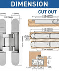 Dimensions of Badass Silent Hidden Door Hinges Six Inch Outswing Concealed Butt Hardware for precise installation.