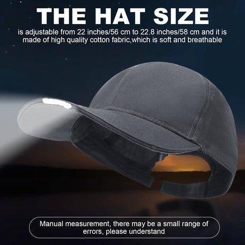 2 Pack LED Baseball Caps With Built In Headlamps Hands Free Light, black cap, adjustable from 22 to 22.8 inches