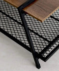 Close-up of Rectangular Farmhouse Coffee Table With Handy Storage Shelf and Real Steady Iron Frame Rustic Brown Finished flat surface.