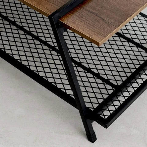 Close-up of Rectangular Farmhouse Coffee Table With Handy Storage Shelf and Real Steady Iron Frame Rustic Brown Finished flat surface.