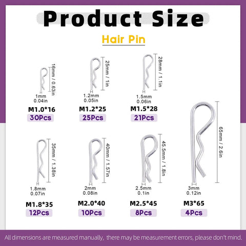 Stainless Steel Cotter Pin Set With 110Pcs R Clips Hairpins For Automotive And Machinery 304 Stainless Steel Fasteners chart