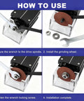 Portable Pro Grade Nick Grinder Kit for flat die cutting grooves showing assembly steps with grinding wheel and tool.