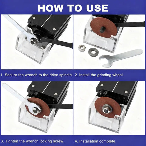 Portable Pro Grade Nick Grinder Kit for flat die cutting grooves showing assembly steps with grinding wheel and tool.