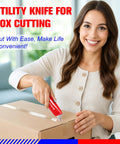 Jetmore red retractable box cutter cutting a cardboard box, held by a smiling woman