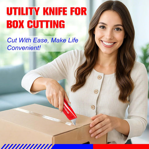 Jetmore red retractable box cutter cutting a cardboard box, held by a smiling woman