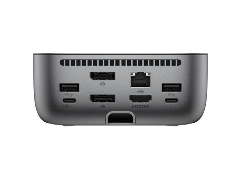 Thunderbolt 4 Ultra Docking Station Featuring Triple Display Outputs Dual Gigabit Ethernet Ports And Fast Charging rear view with ports.