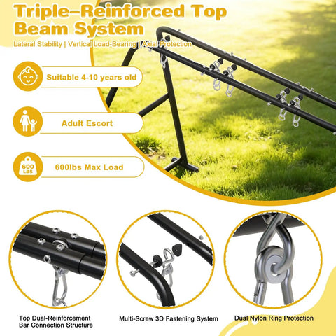 3-In-1 Backyard Swing Set With Platform Swing And Two Belt Swings, Heavy-Duty Metal Frame, triple-reinforced top beam