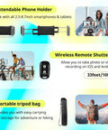 Collage showcasing 64 Inch Phone And Tablet Tripod Stand With Wireless Remote And 2 In 1 Phone Holder For Selfie Shots Vids Streams And Vlogs