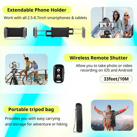 Collage showcasing 64 Inch Phone And Tablet Tripod Stand With Wireless Remote And 2 In 1 Phone Holder For Selfie Shots Vids Streams And Vlogs