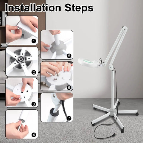 Installation steps for 5X Magnifying Glass With Light And Rolling Stand Pro Grade 8 Diopter Real Glass Lens Stepless Dimmer Portable Floor Lamp