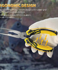 Ergonomic yellow 8 Inch Needle Nose Pliers With Spring Loaded Action And Side Cutters For Jewelry Making, held in white glove.