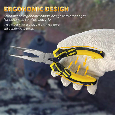 Ergonomic yellow 8 Inch Needle Nose Pliers With Spring Loaded Action And Side Cutters For Jewelry Making, held in white glove.