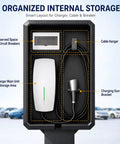 Organized internal storage layout of Badass Outdoor EV Charger Enclosure With Sturdy Pedestal Stand And Hella Secure Combination Lock.