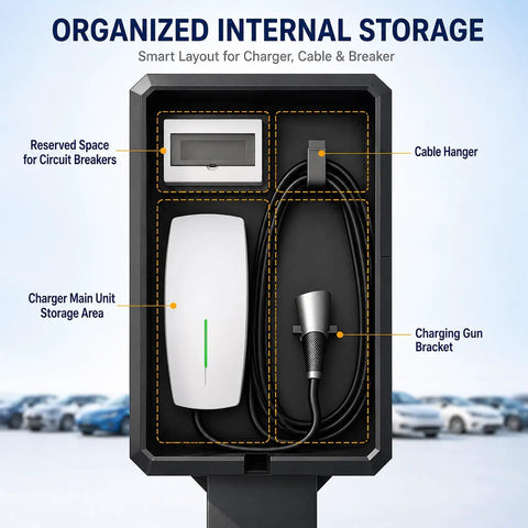 Organized internal storage layout of Badass Outdoor EV Charger Enclosure With Sturdy Pedestal Stand And Hella Secure Combination Lock.
