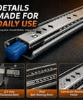 Beefy 72 Inch Heavy Duty Locking Drawer Slides Hold Up To 500 Lb, Side Mount Steel Rails, Industrial Grade, Thick 2.5mm Q235 Cold Rolled Steel, Built Tough For Heavy Storage and Smooth Slides. 2.5mm steel side-mount rail with ball bearings