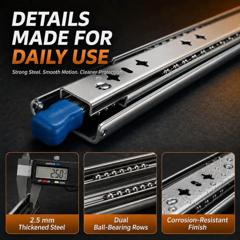 Beefy 72 Inch Heavy Duty Locking Drawer Slides Hold Up To 500 Lb, Side Mount Steel Rails, Industrial Grade, Thick 2.5mm Q235 Cold Rolled Steel, Built Tough For Heavy Storage and Smooth Slides. 2.5mm steel side-mount rail with ball bearings