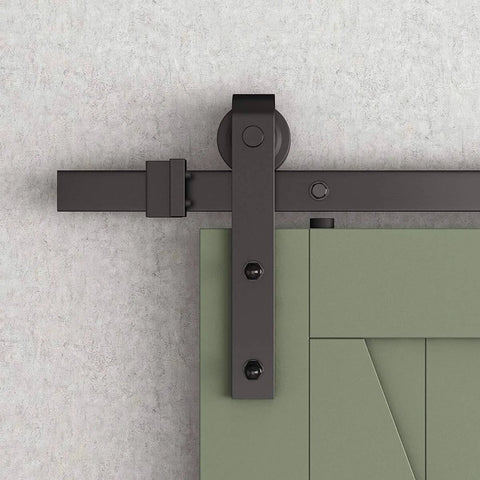 Sliding Barn Door Hangers J Shape 2 Pack Black Solid Steel With POM Wheels on track, showing door installation