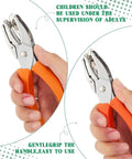 Person holding handheld metal punch from Three Piece Hole Punch Set With Round Heart And Star Shapes For One Quarter Inch And Three Sixteenth Inch Holes, Handy For DIY Tags Tickets And Scrapbooks, Handheld Metal Punches With Soft Grip For Easy Crafts And Card Making, illustrating easy-to-use soft grip.