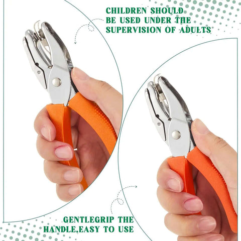 Person holding handheld metal punch from Three Piece Hole Punch Set With Round Heart And Star Shapes For One Quarter Inch And Three Sixteenth Inch Holes, Handy For DIY Tags Tickets And Scrapbooks, Handheld Metal Punches With Soft Grip For Easy Crafts And Card Making, illustrating easy-to-use soft grip.