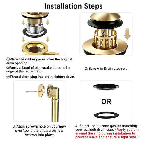 Installation steps for No Fuss Tub Drain Overflow Kit With Smooth Pop Up Stopper And Nifty Copper Hair Catcher Basket To Ban Clogs Quick Install.