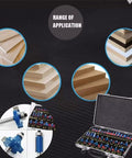 Solid 35 Piece 1/4 Inch Shank Carbide Router Bit Kit With Heavy Duty Case showcasing various wood types and router bits for precision cuts.