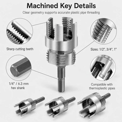 All in One DIY Friendly Pipe Thread Cutting Tool Kit With Internal And External Threading Includes Half Inch Three Quarter Inch And One Inch Threaders Quarter Inch Hex Shank Electric Drill Compatible Works On PPR PVC Plastic MPP And Metal. Machined pipe threading cutter with 1/4 inch hex shank and 1/2, 3/4, 1 inch sizes