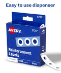 Box of Self Adhesive Hole Reinforcement Stickers For One Quarter Inch Punches in blue packaging with pull tape visible.