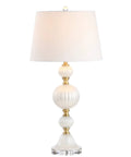 Pearl White Fluted Glass LED Table Lamp 30 Inch With Stacked Sphere Crystal Base White Faux Silk Shade Energy Saving LED Bulbs Included