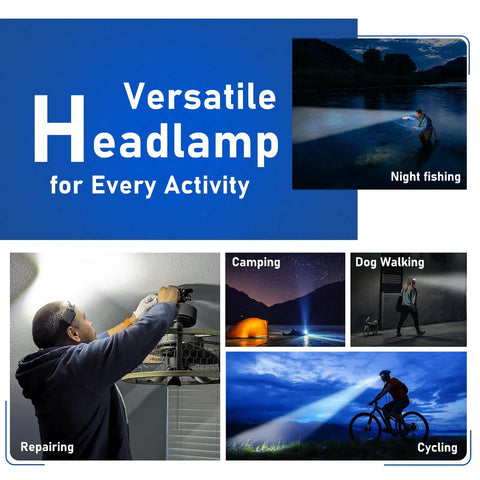 Rechargeable LED Headlamp 3 Pack With USB C images for fishing, camping, cycling, dog walking, repairing.