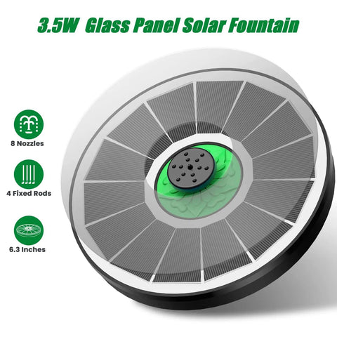 Solar Powered Glass Panel Fountain For Bird Bath No Battery Required 3.5W With Green Flower And 4 Fixed Rods And 7 Nozzles