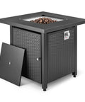 Outdoor Fire Table With 50,000 BTU Square Fire Pit, Black Finish, 28 Inch Diameter, Lid Doubles As Table Top, Lava Rock Heat Source