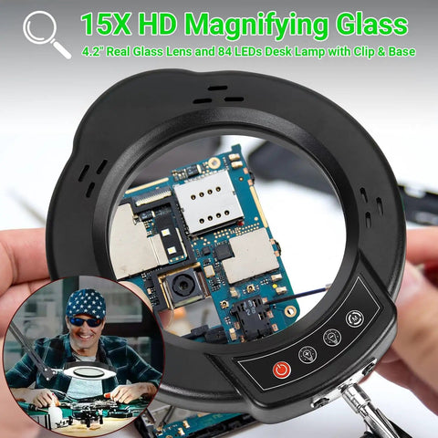 Close-up of 15X Magnifying Glass With Light And Stand For Crafting, showing electronic circuit board detail through the lens.