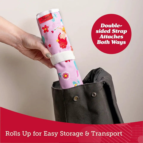 Hand placing Kids Airplane Tray Table Cover With Storage Pockets For Toys And Snacks Portable Travel Organizer into bag