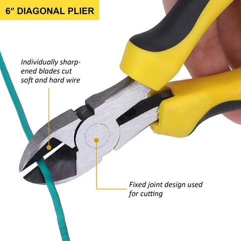 6" Diagonal Plier from Five Piece Pliers Set With Eight Inch Groove Joint Pliers, cutting wire, yellow and black handle, close-up view