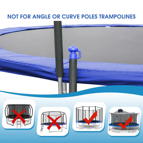 Premium Trampoline Net Poles Replacement Kit Featuring Heavy Duty Foam Padded Straight Uprights With Round Ends Fits 10 Through 16 Foot Spring Beds For A Dope Backyard Upgrade Smooth Safety Essential close-up of replacement poles and trampoline.