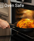 Nonstick Pots And Pans Set For RV Living 20 Pack Stackable Cookware with detachable handle in oven with roast chicken.