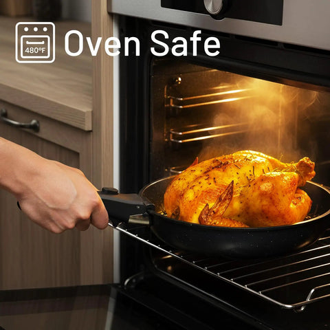 Nonstick Pots And Pans Set For RV Living 20 Pack Stackable Cookware with detachable handle in oven with roast chicken.