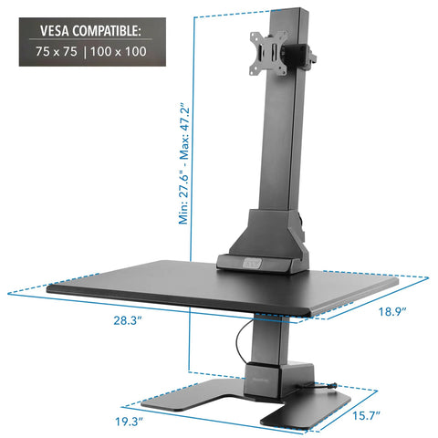 Heavy Duty Electric Standing Desk Converter With Monitor Mount And Wide Keyboard Tray dimensions shown, ergonomic adjustable height from 27.6 to 47.2 inches.