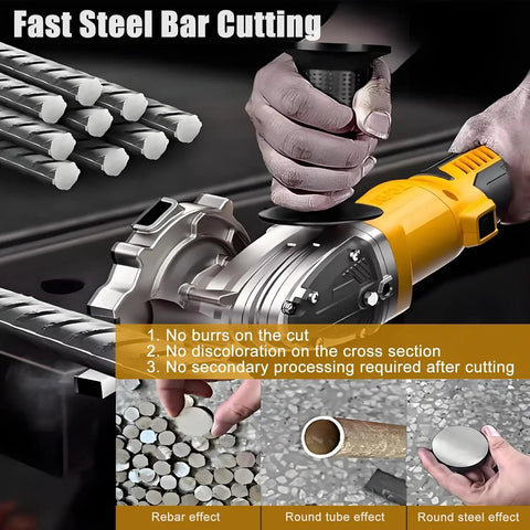 Cordless Hydraulic Rebar Cutter With 2000W Brushless Cold Cut Saw in use on steel bars, showcasing clean, burr-free cuts.