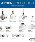 Five Light Farmhouse Chandelier With Etched Glass In Antique Bronze Oversize Tubing Frame Delivers Rustic Modern Ambiance For Dining Rooms And Entryways, showcasing the Arden collection pieces with dimensions.
