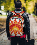 Person wearing Blue Radial Tie Dye Sun Pattern Backpack Unisex Large Capacity Daypack, durable polyester, outdoors.