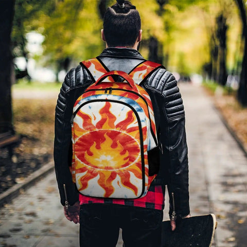 Person wearing Blue Radial Tie Dye Sun Pattern Backpack Unisex Large Capacity Daypack, durable polyester, outdoors.