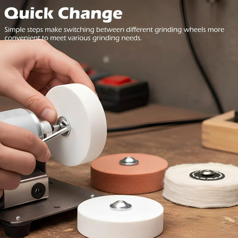 Hella Versatile Mini Bench Grinder Fitted With Three High Speed Buffing Wheels shown with interchangeable grinding wheels for easy use.