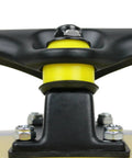 Skateboard And Longboard Truck Replacement Bushings Four Pack For Two Trucks USA Made With Multiple Colors And Durometers 88A To 99A Including 94A Yellow For Softer Or Stiffer Ride And Smoother Turns, close-up of yellow bushing installed on truck