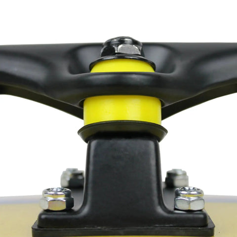 Skateboard And Longboard Truck Replacement Bushings Four Pack For Two Trucks USA Made With Multiple Colors And Durometers 88A To 99A Including 94A Yellow For Softer Or Stiffer Ride And Smoother Turns, close-up of yellow bushing installed on truck