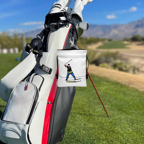 Valuables Golf Pouch With Drawstrings Made From PU Leather, 6 By 7 Inch Tee Accessory Organizer For Men, clipped to golf bag