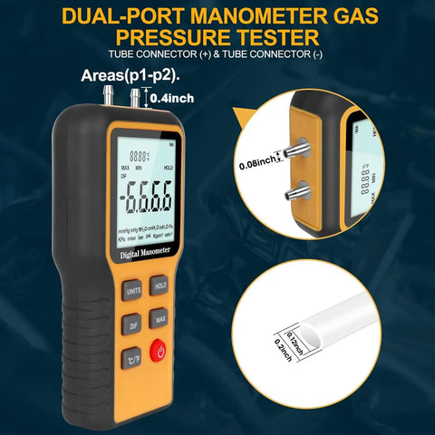 Digital Manometer For HVAC Dual Port Air Pressure Meter Handheld Gauge For Single Or Differential Pressure, Measures Air Pressure And Temperature, Pro Grade Troubleshooting Tool For Ductwork, Ventilation, And Lab Testing. handheld dual-port digital manometer with LCD and hose ports